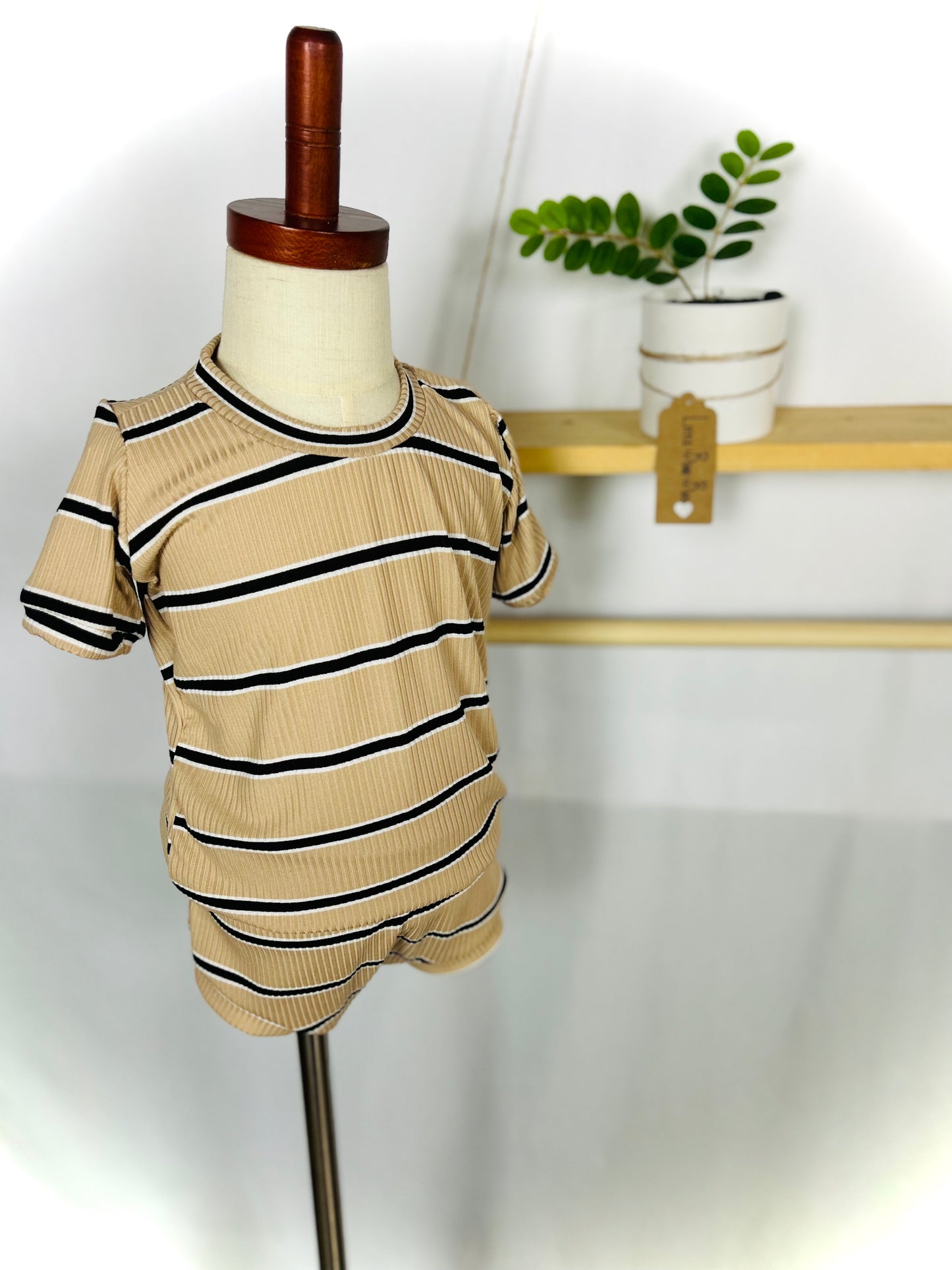 Caramel Brown with white/Black Stripes Rib Knit Bummies and Tee Set/unisex