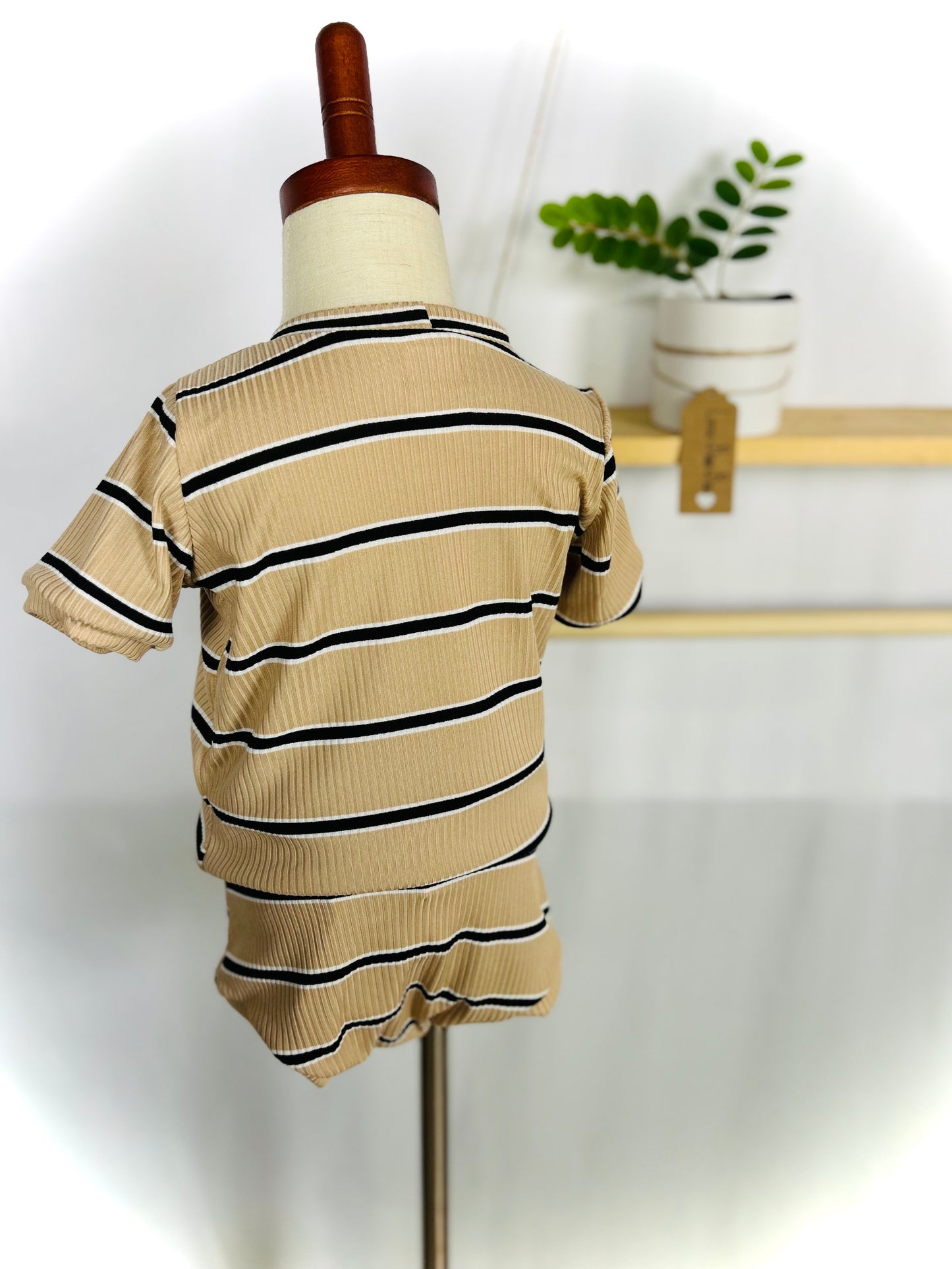 Caramel Brown with white/Black Stripes Rib Knit Bummies and Tee Set/unisex